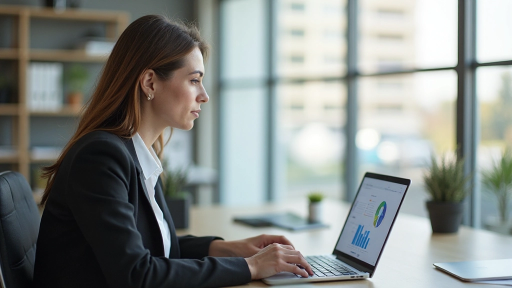 Специалист по маркетингу анализирует метрики email кампании на экране ноутбука в современном офисе